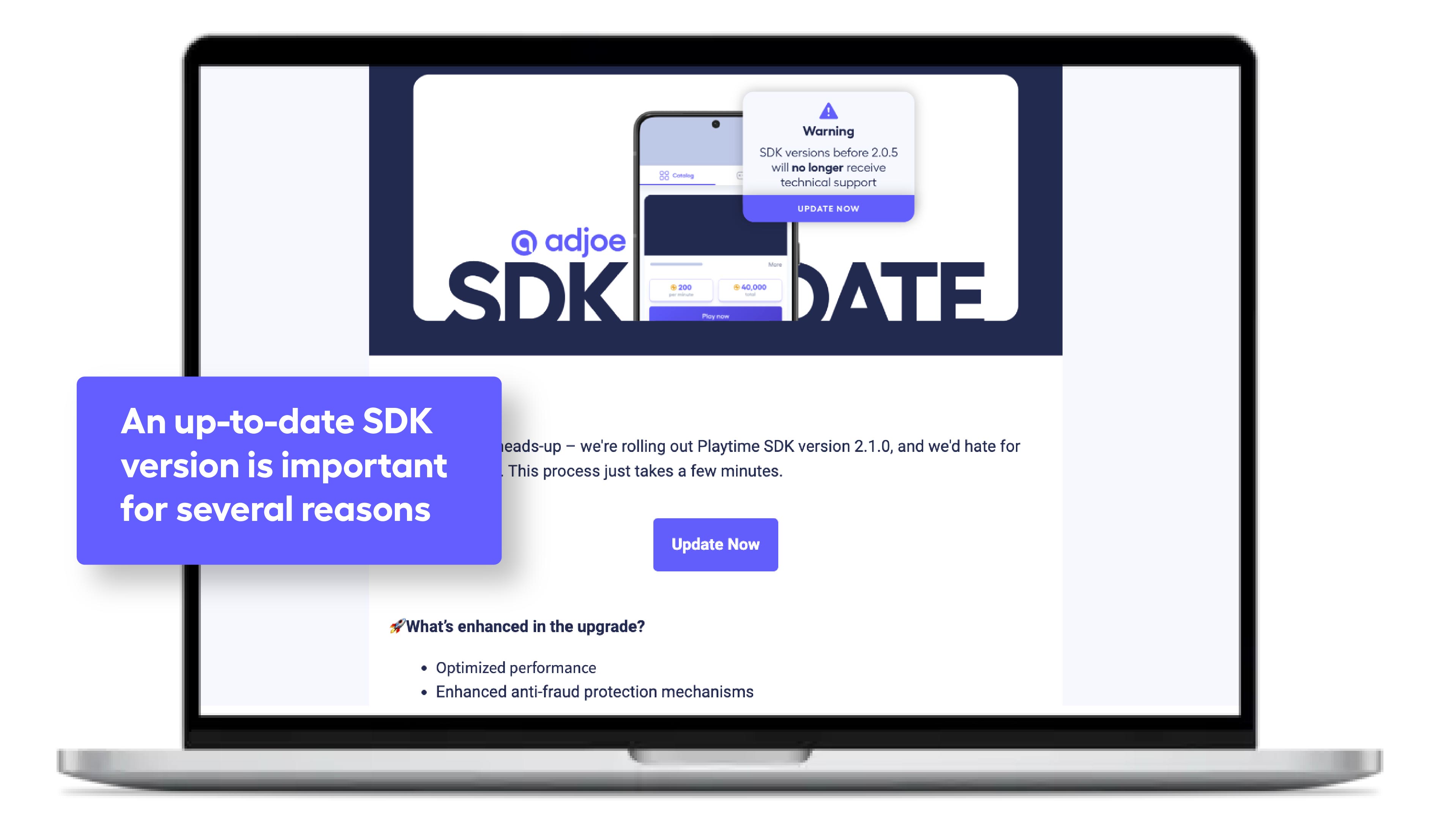 a laptop screen showing an email about an SDK update to maximize ad revenue