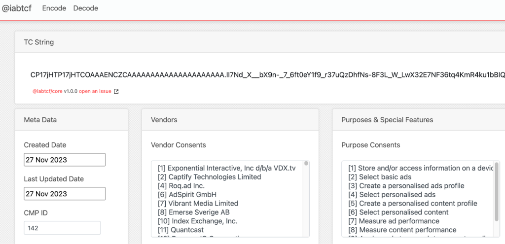 screenshot of using TC String decoding tool