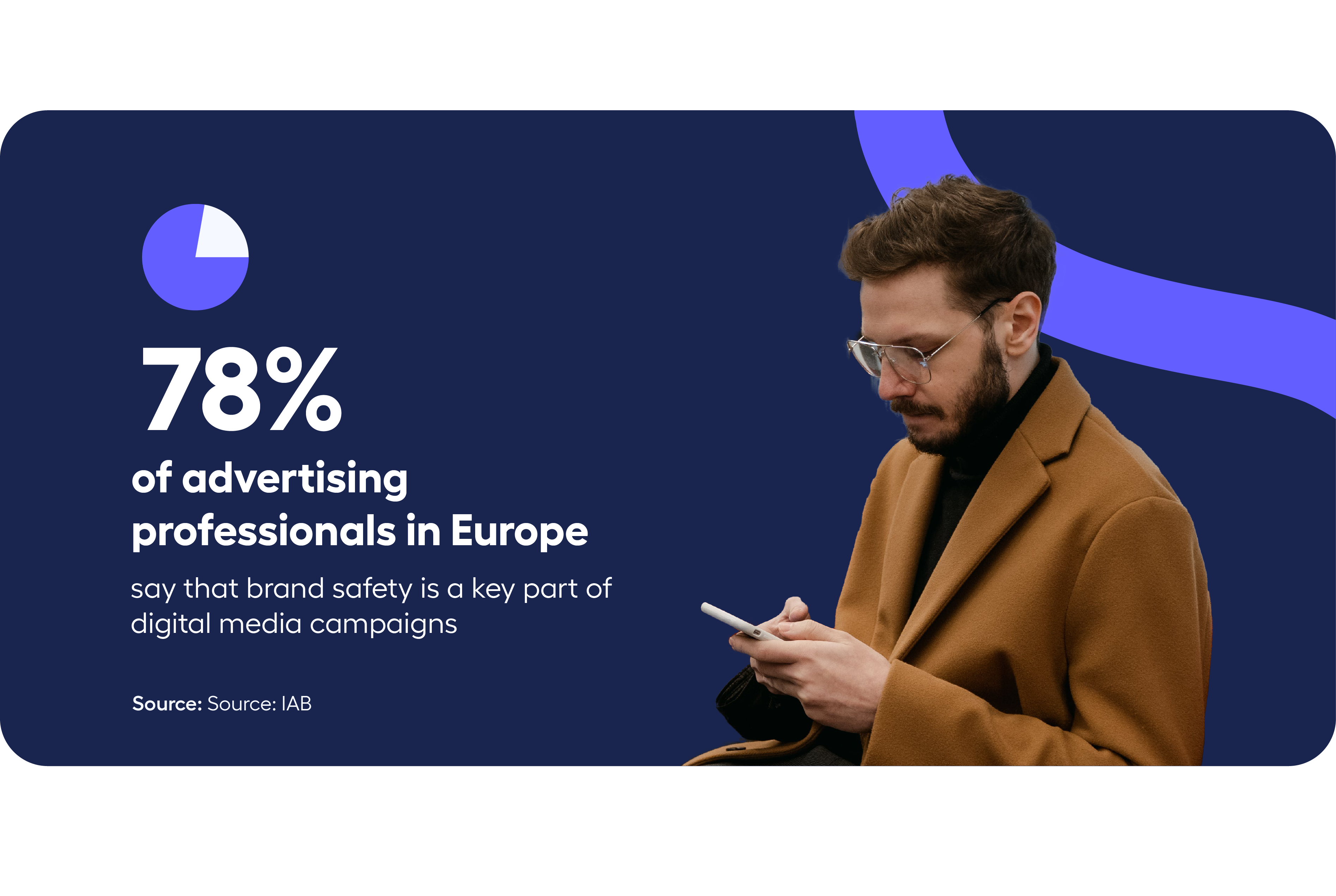 young man looking at phone with stat about brand safety