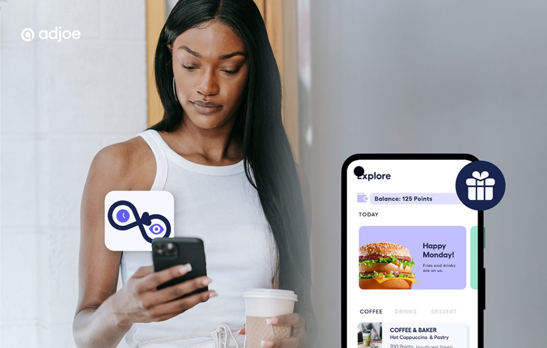 young woman looking down at phone with QSR app mockup