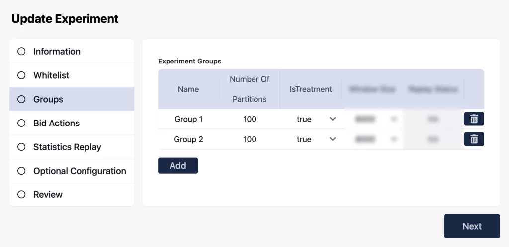 screenshot of what experiment update interface looks like in browser