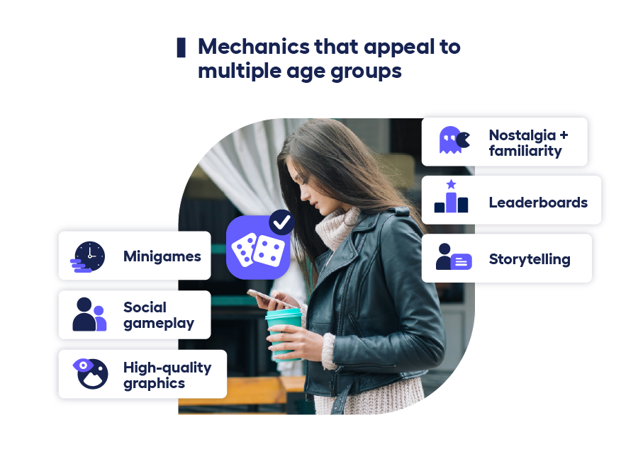 young woman looking down at phone and holding a coffee with description of why board games appeal to multiple age groups
