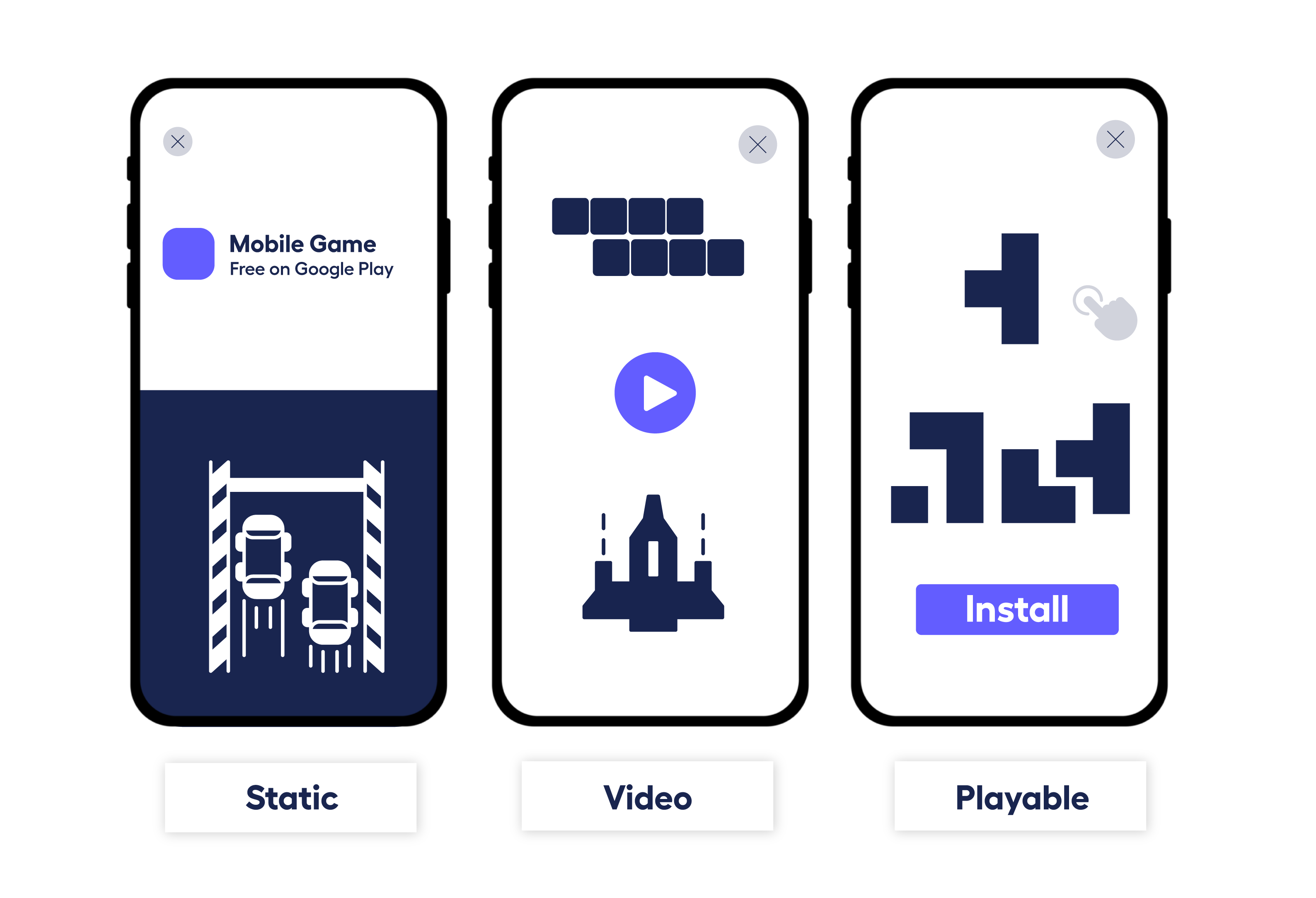 mockups of three phones screens with three types of interstitials
