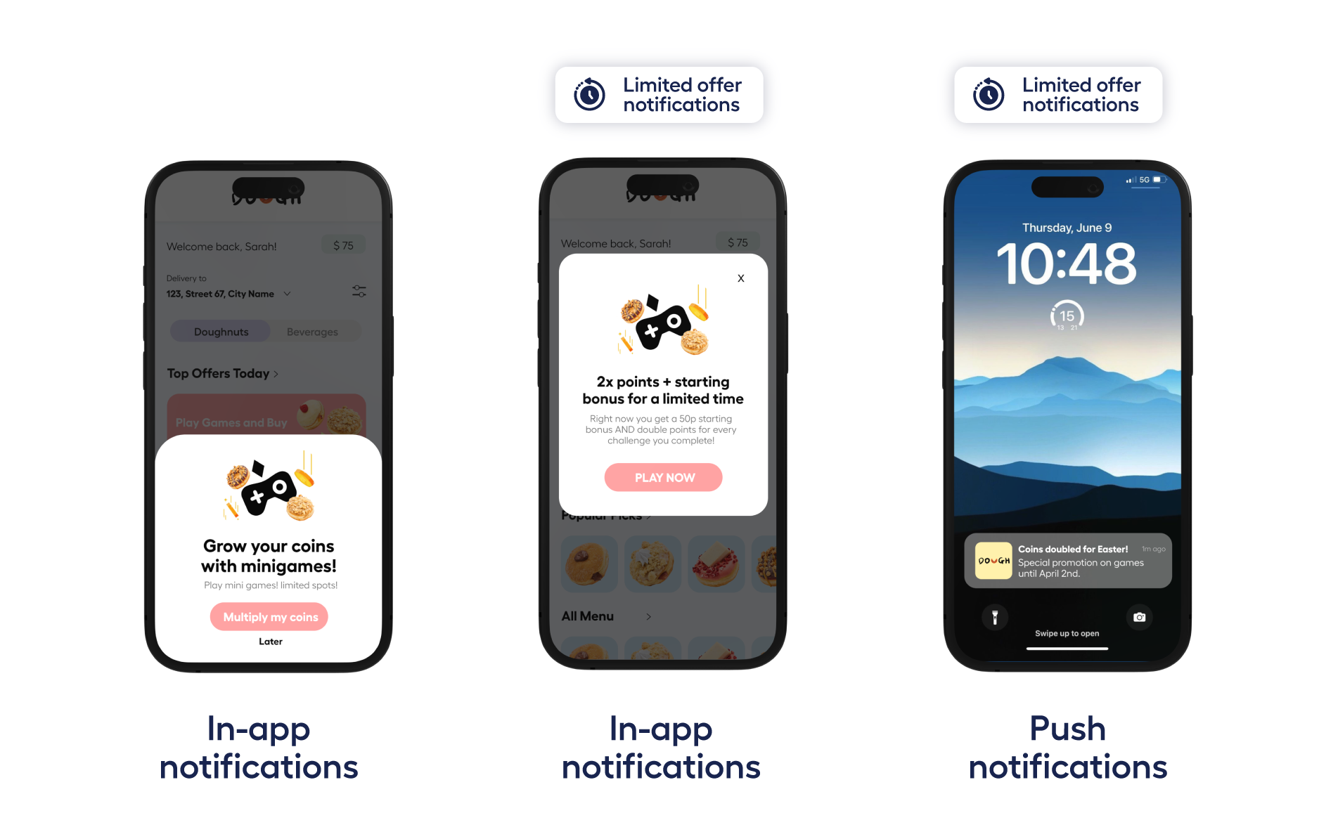 Phone screens showing how users see notifications to remind them of Playtime rewards