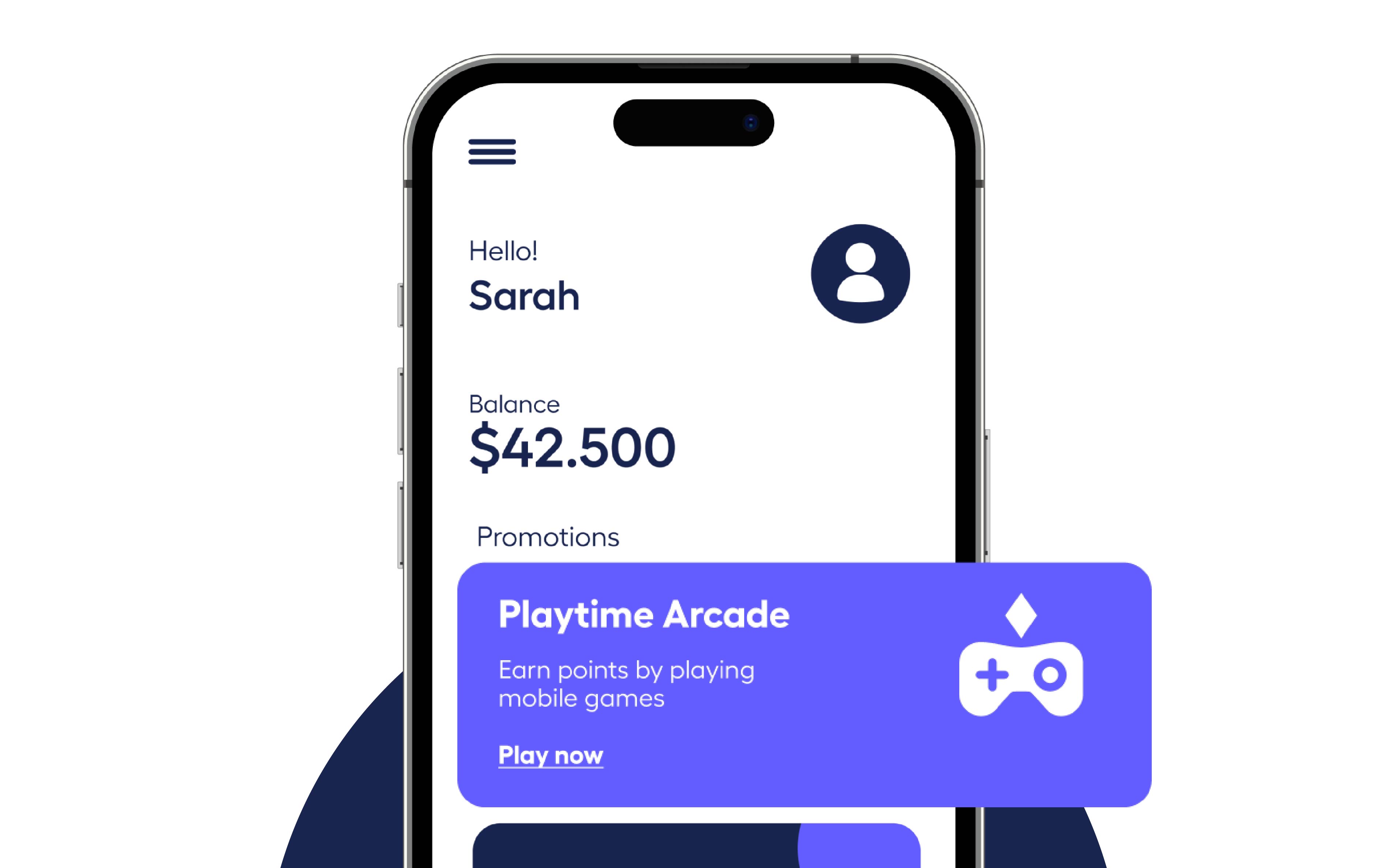 phone mockup with fintech app UI showing Arcade
