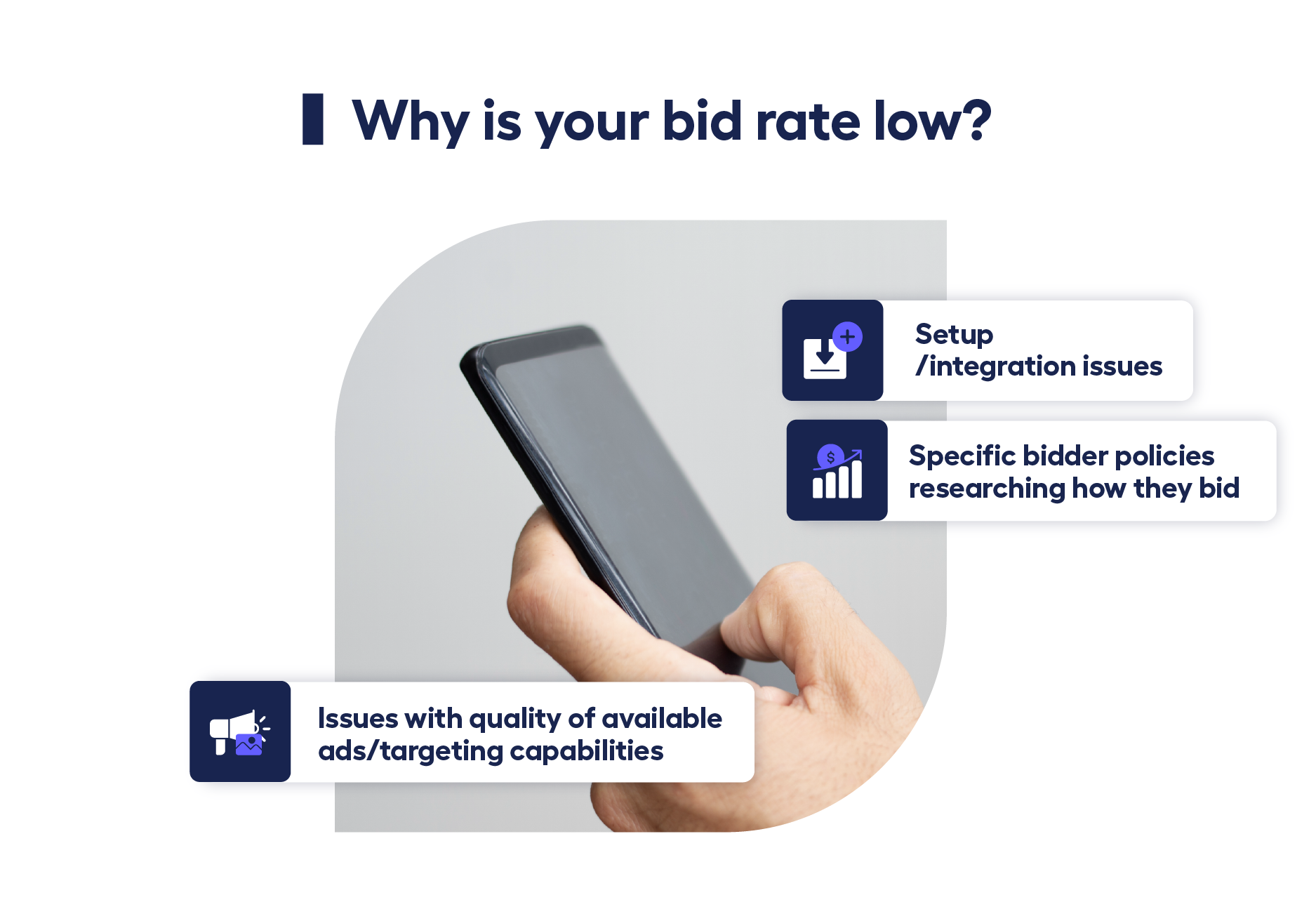 close-up of person holding phone with reasons for bid rate being low 