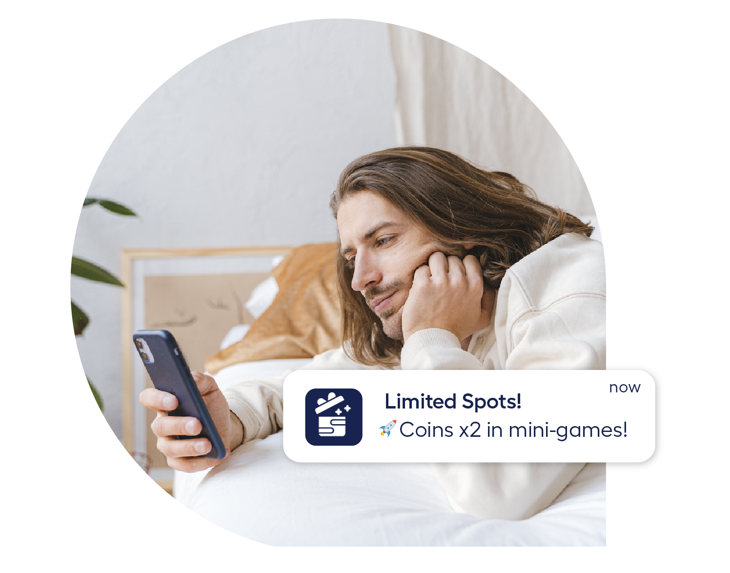 young man scrolling on his phone with notification element about playtime promotion