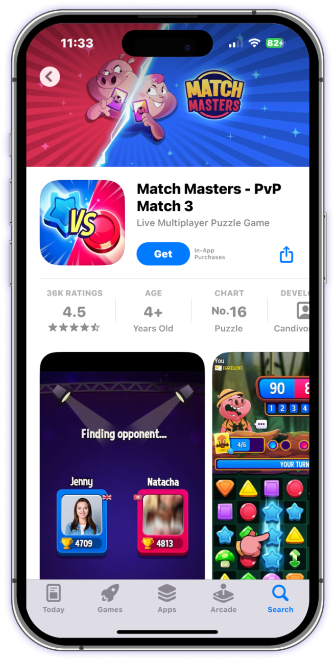 Phone showing Arcade UI with matchmasters as the offer