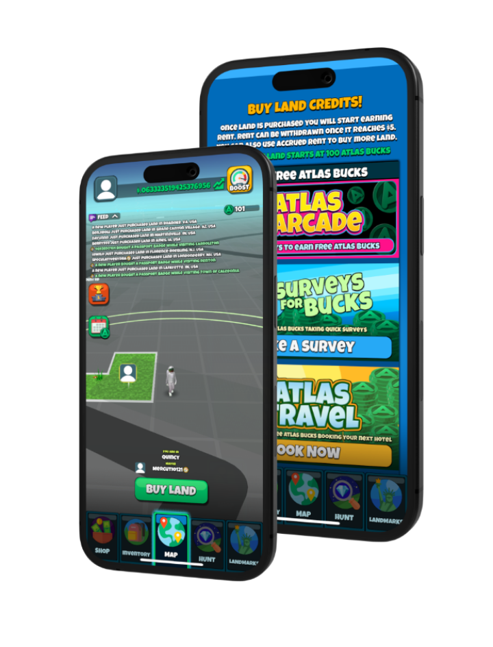 two phone screens displaying ATLAS: EARTH app