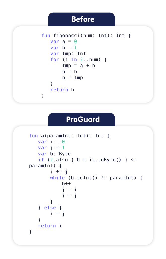 code snippet showing before and after code obfuscation in android apps
