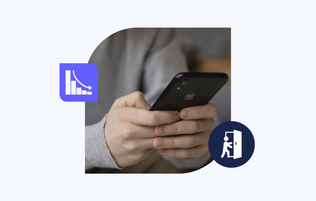 closeup of hands tapping a phone screen with churn rate decorative elements